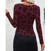 image:imageZESICA Womens Floral Long Sleeve Shirts 2026 Spring Boat Neck Mesh Ruched Tops Fitted Asymmetrical Going Out BlousesWine