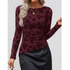 image:imageZESICA Womens Floral Long Sleeve Shirts 2026 Spring Boat Neck Mesh Ruched Tops Fitted Asymmetrical Going Out BlousesWine