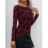 image:imageZESICA Womens Floral Long Sleeve Shirts 2026 Spring Boat Neck Mesh Ruched Tops Fitted Asymmetrical Going Out BlousesWine