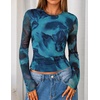 image:imageZESICA Womens Floral Mesh Going Out Tops Fall Long Sleeve Y2K ShirtsBlue
