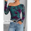 image:imageZESICA Womens Floral Mesh Off Shoulder Long Sleeve TopsDarkgreen