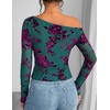 image:imageZESICA Womens Floral Mesh Off Shoulder Long Sleeve TopsDarkgreen
