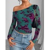 image:imageZESICA Womens Floral Mesh Off Shoulder Long Sleeve TopsDarkgreen