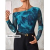 image:imageZESICA Womens Floral Mesh Off Shoulder Long Sleeve TopsLakeblue