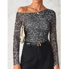 image:imageZESICA Womens Floral Mesh Off Shoulder Long Sleeve TopsLeopardgray