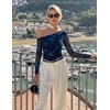 image:imageZESICA Womens Floral Mesh Off Shoulder Long Sleeve TopsMazarine