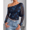 image:imageZESICA Womens Floral Mesh Off Shoulder Long Sleeve TopsMazarine