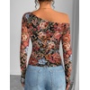 image:imageZESICA Womens Floral Mesh Off Shoulder Long Sleeve TopsMulticolour