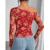 image:imageZESICA Womens Floral Mesh Off Shoulder Long Sleeve TopsRed