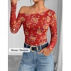 image:imageZESICA Womens Floral Mesh Off Shoulder Long Sleeve TopsRed