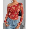 image:imageZESICA Womens Floral Mesh Off Shoulder Long Sleeve TopsRed