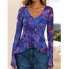 image:imageZESICA Womens Floral Ruffle Mesh Tops Long Sleeve ShirtsBlue