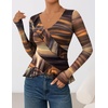 image:imageZESICA Womens Floral Ruffle Mesh Tops Long Sleeve ShirtsBrown