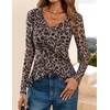 image:imageZESICA Womens Floral Ruffle Mesh Tops Long Sleeve ShirtsBrownleopard