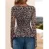image:imageZESICA Womens Floral Ruffle Mesh Tops Long Sleeve ShirtsBrownleopard