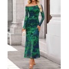 image:imageZESICA Womens Long Sleeve Floral Maxi Dress 2026 Fall Off Shoulder Bodycon Ruched Mesh Cocktail Wedding Guest DressesGreen
