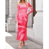 image:imageZESICA Womens Long Sleeve Floral Maxi Dress 2026 Fall Off Shoulder Bodycon Ruched Mesh Cocktail Wedding Guest DressesPink