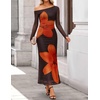 image:imageZESICA Womens Long Sleeve Floral Maxi Dress 2026 Fall Off Shoulder Bodycon Ruched Mesh Cocktail Wedding Guest DressesTangerine