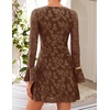 image:imageZESICA Womens Long Sleeve Floral Mesh Bodycon Mini DressesBrown