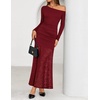 image:imageZESICA Womens Long Sleeve Off Shoulder Bodycon Dresses Fall 2026 Ruched Lace Wedding Guest Cocktail Formal Maxi DressRed