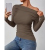 image:imageZESICA Womens Off Shoulder Ruched Tops Long Sleeve ShirtsCoffee