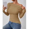 image:imageZESICA Womens Off Shoulder Ruched Tops Long Sleeve ShirtsKhaki
