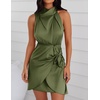 image:imageZESICA Womens Satin Sleeveless Halter Tie Waist Wrap Bodycon Mini DressArmygreen