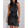 image:imageZESICA Womens Satin Sleeveless Halter Tie Waist Wrap Bodycon Mini DressBlack