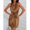 image:imageZESICA Womens Satin Sleeveless Halter Tie Waist Wrap Bodycon Mini DressBrown
