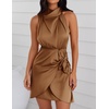 image:imageZESICA Womens Satin Sleeveless Halter Tie Waist Wrap Bodycon Mini DressBrown