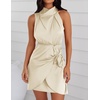 image:imageZESICA Womens Satin Sleeveless Halter Tie Waist Wrap Bodycon Mini DressChampagne
