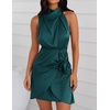 image:imageZESICA Womens Satin Sleeveless Halter Tie Waist Wrap Bodycon Mini DressEmeraldgreen