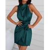 image:imageZESICA Womens Satin Sleeveless Halter Tie Waist Wrap Bodycon Mini DressEmeraldgreen