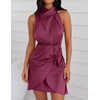image:imageZESICA Womens Satin Sleeveless Halter Tie Waist Wrap Bodycon Mini DressFuchsia