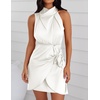 image:imageZESICA Womens Satin Sleeveless Halter Tie Waist Wrap Bodycon Mini DressIvory