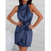 image:imageZESICA Womens Satin Sleeveless Halter Tie Waist Wrap Bodycon Mini DressNavy
