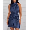 image:imageZESICA Womens Satin Sleeveless Halter Tie Waist Wrap Bodycon Mini DressNavy