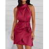 image:imageZESICA Womens Satin Sleeveless Halter Tie Waist Wrap Bodycon Mini DressRed
