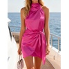 image:imageZESICA Womens Satin Sleeveless Halter Tie Waist Wrap Bodycon Mini DressRose