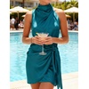 image:imageZESICA Womens Satin Sleeveless Halter Tie Waist Wrap Bodycon Mini DressTeal