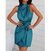 image:imageZESICA Womens Satin Sleeveless Halter Tie Waist Wrap Bodycon Mini DressTeal