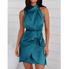 image:imageZESICA Womens Satin Sleeveless Halter Tie Waist Wrap Bodycon Mini DressTeal