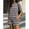 image:imageZESICA Womens Summer 2 Piece Stripe Short Sets Lounge Workout Beach OutfitsBlue
