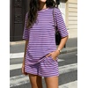 image:imageZESICA Womens Summer 2 Piece Stripe Short Sets Lounge Workout Beach OutfitsRose