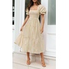 image:imageZESICA Womens Summer Boho Gingham Puff Sleeve Square Neck Beach Midi DressBeige