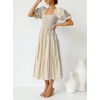 image:imageZESICA Womens Summer Boho Gingham Puff Sleeve Square Neck Beach Midi DressBeige