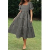 image:imageZESICA Womens Summer Boho Gingham Puff Sleeve Square Neck Beach Midi DressBlack