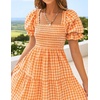 image:imageZESICA Womens Summer Boho Gingham Puff Sleeve Square Neck Beach Midi DressOrange