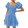 image:imageZESICA Womens Boho Square Neck Puff Sleeve Smocked Tiered A Line Mini DressBlue