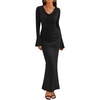 image:imageZESICA Womens Fall Long Sleeve Ruched Knit Cowl Neck Back Slit Maxi DressBlack